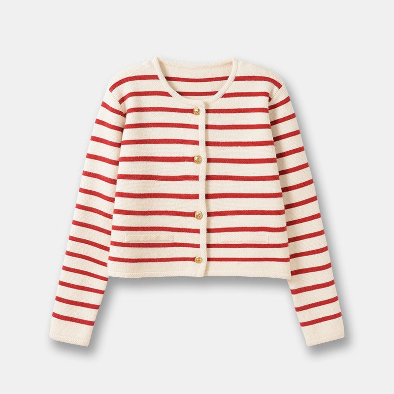 Spring/Summer New French Style Fragrant Round Neck Striped Knitted Cardigan Short Coat Overlay Top Long Sleeve Sweater