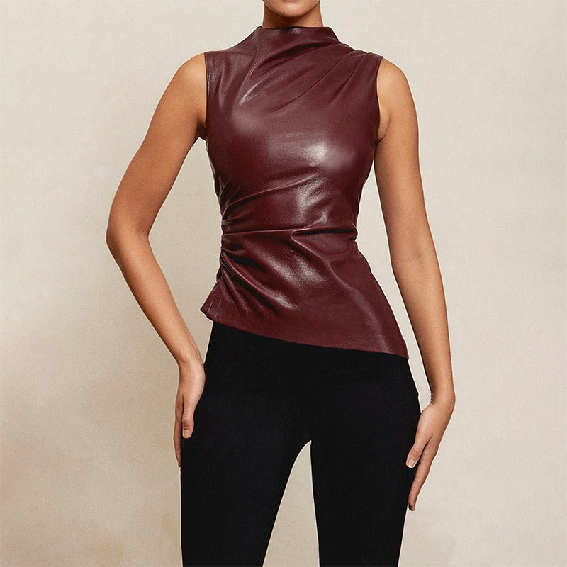 European and American style women's leather pile collar personalized waist slanted sleeveless top women's vest