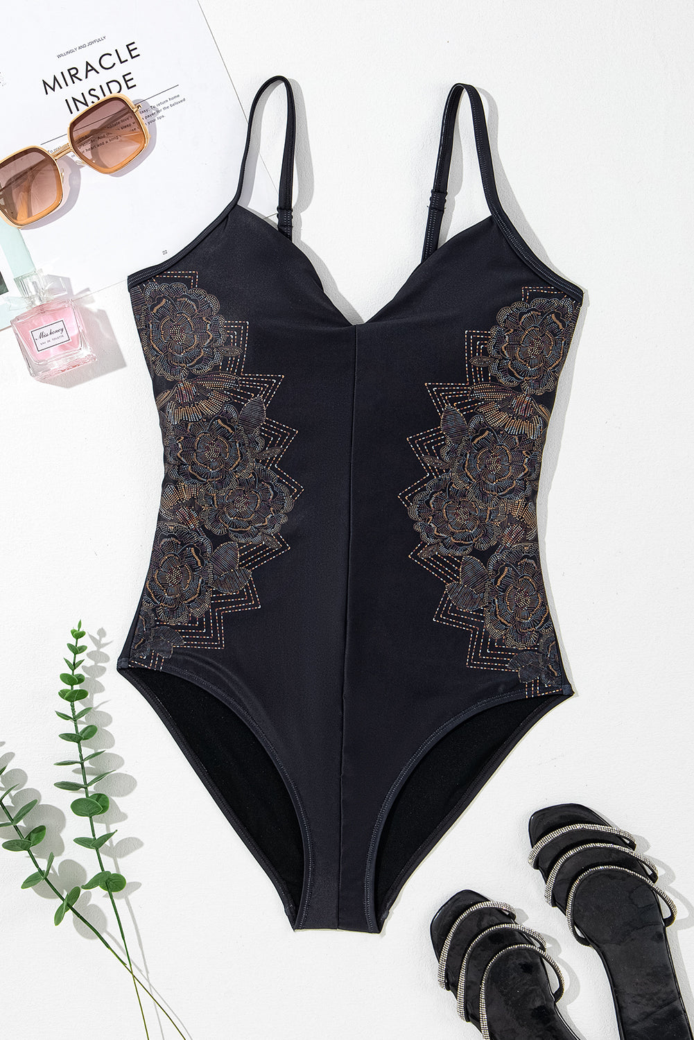 Black Flower Print Crisscross Backless Spaghetti Straps Swimsuit