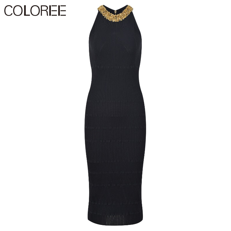 Sleeveless Halter Dresses Elegant Sequin Beaidng Knitted Sweater Dress