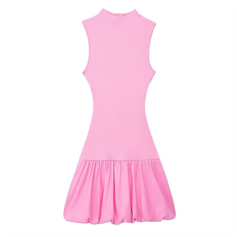 French new style hot girl slim backless dress ribbed balloon style short skirt