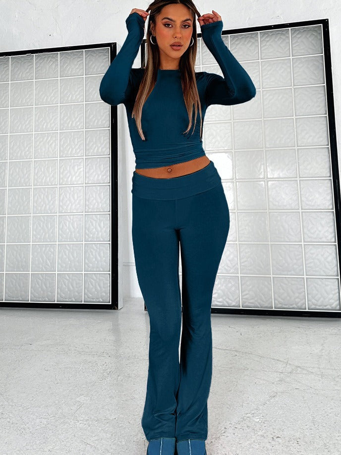 Solid Colour Comfortable  Low Waist Flare Pants with matching top