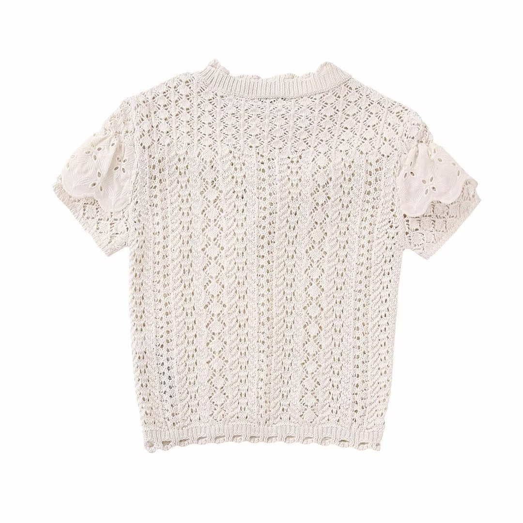 Small Fresh Round Neck Short Sleeve Lace Ruffle Knitted Top