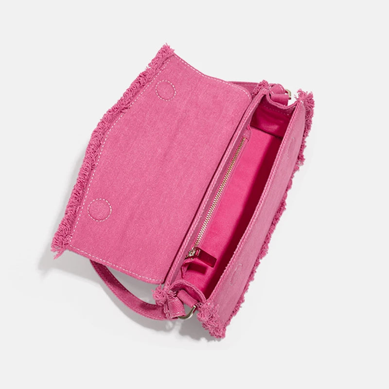 Pink Fringe Women's Canvas Underarm Shoulder Bag Small Flap Over Clutch Handbag Unique Single Sling Purse