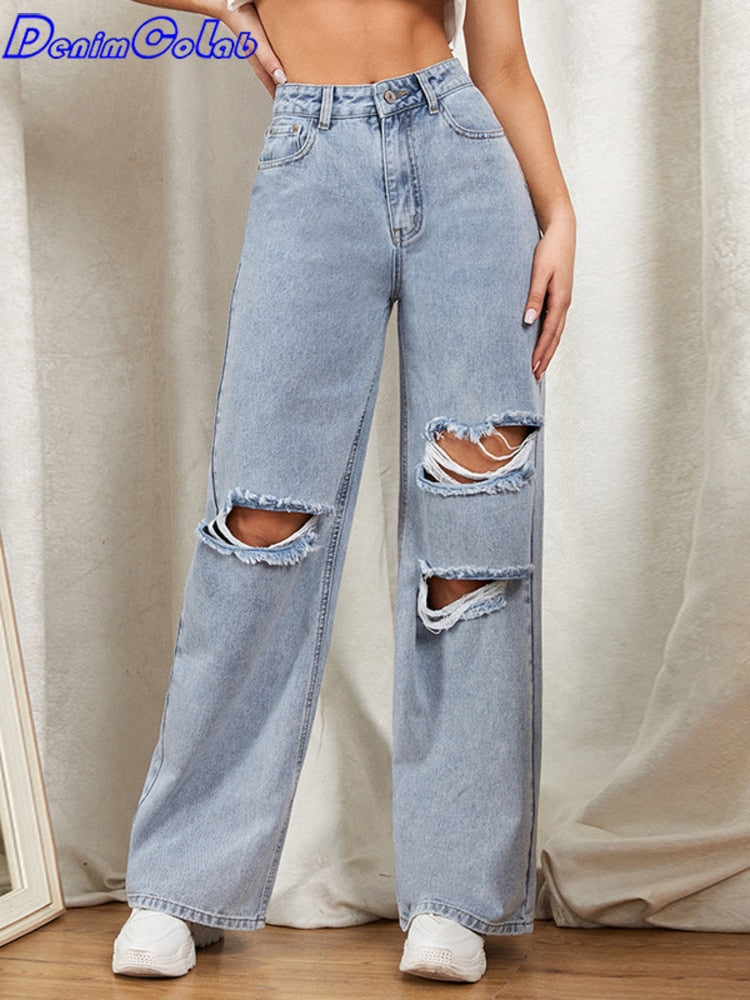 Hole Washed Wide Leg Pants Jeans Women Loose Boyfriend Jeans 100% Cotton Mom Jeans Casual Trousers Denim Pants