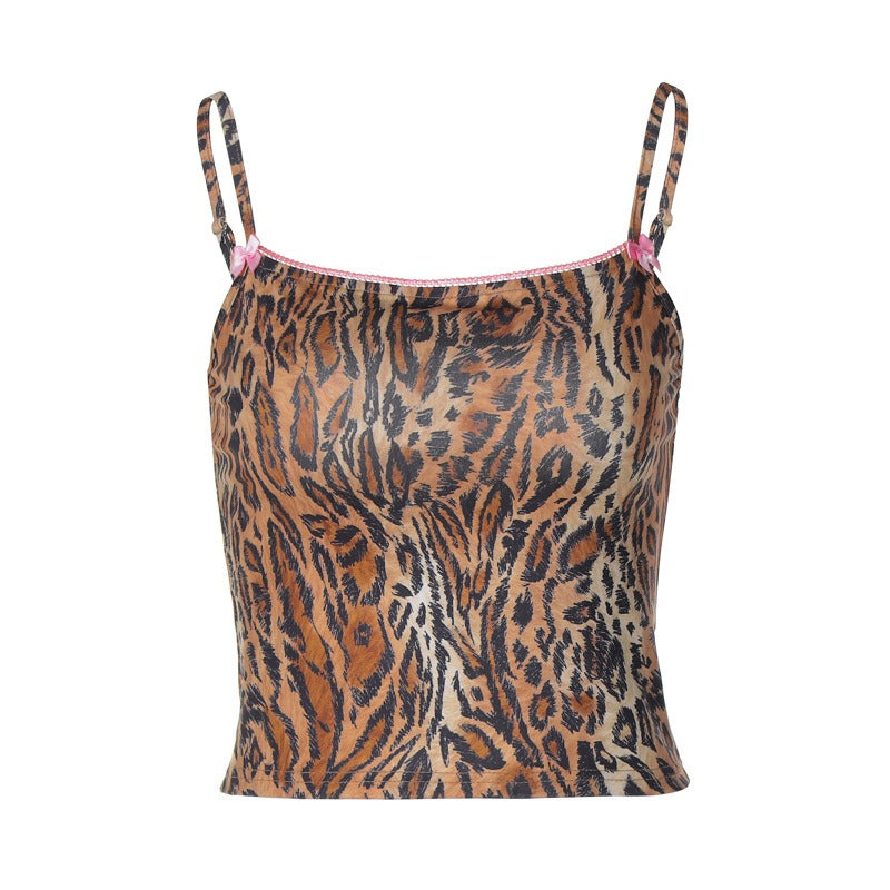 Fashionable and sexy cropped slim leopard print suspender top for women