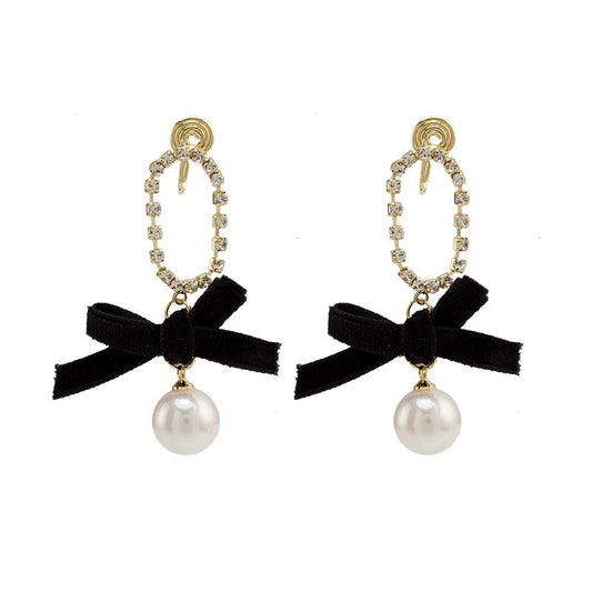 Black bow pearl long earrings