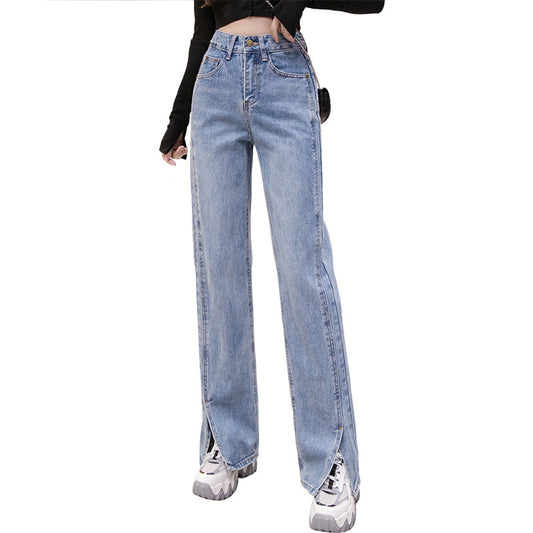 Straight Slit Jeans Women's Spring And Autumn New Korean Loose High Waist Slim Sagging Mopping Pants