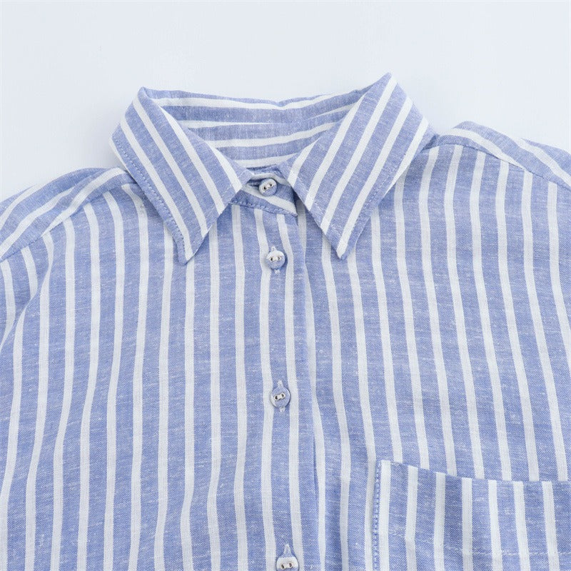 Casual and fashionable versatile linen blend striped shirt for women