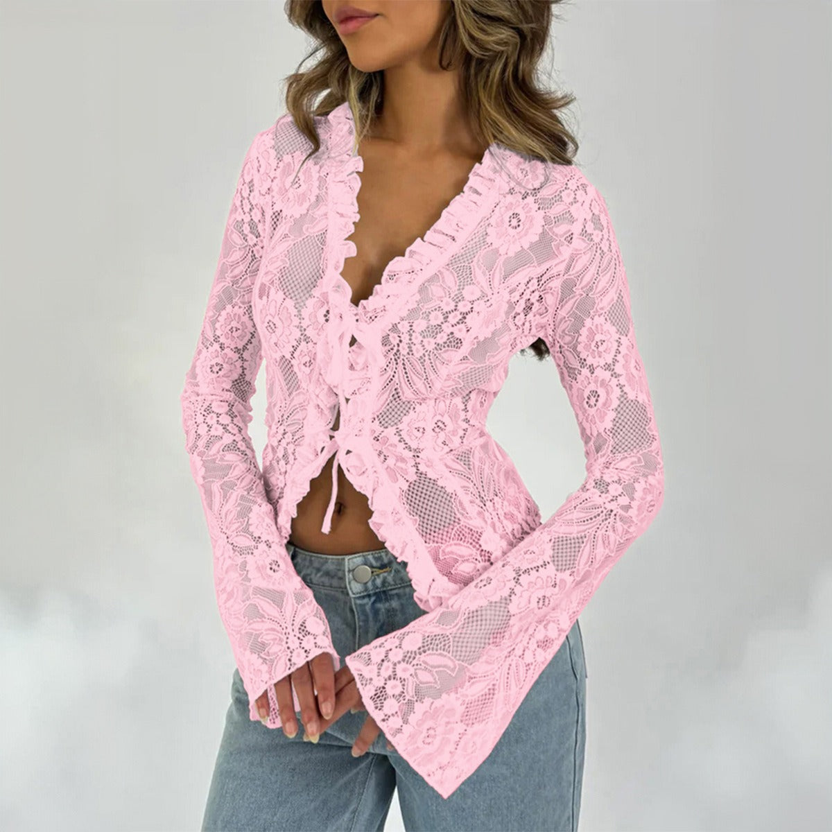 Women's top for spring and summer sexy slim fit long sleeved lace top