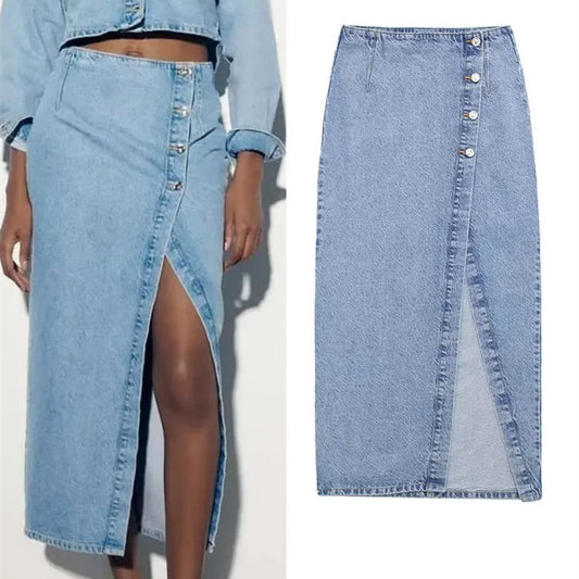 Summer Fashion High Waist A- Line Split Denim Skirt For Women