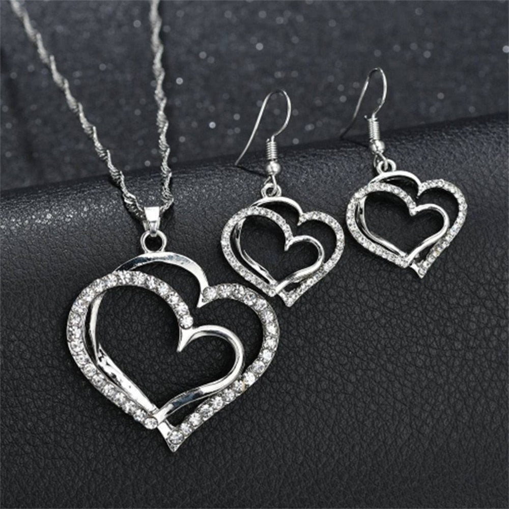 Exquisite Double Heart Necklace Earrings Bracelet Jewelry Set Charm Ladies Jewelry Fashion Bridal Accessory Set Romantic Gifts