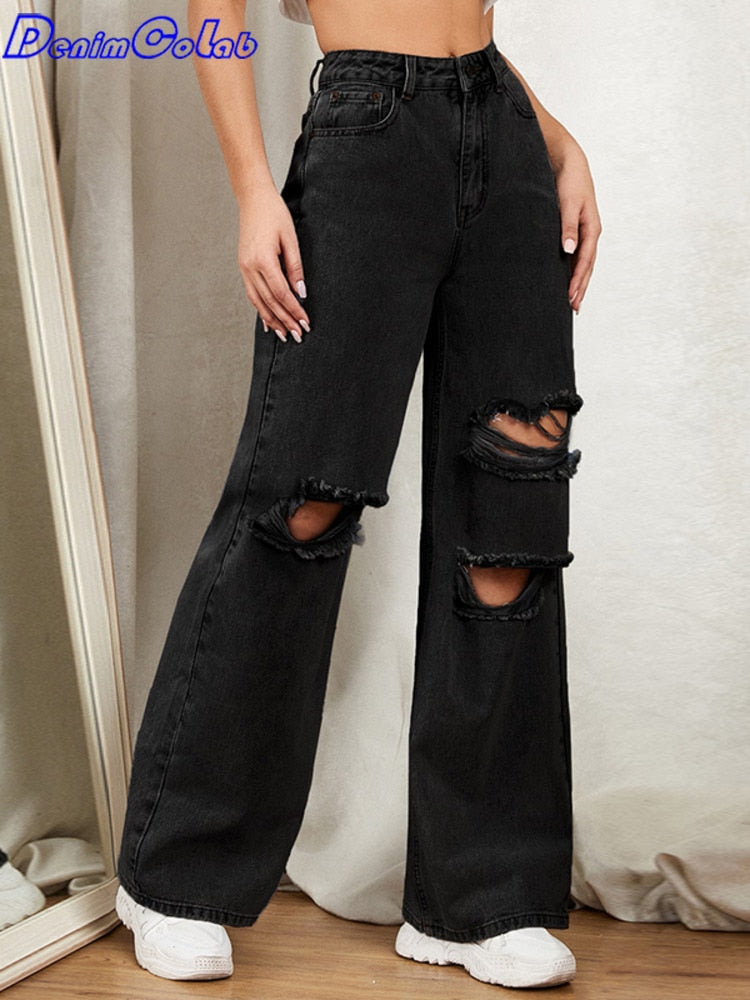 Hole Washed Wide Leg Pants Jeans Women Loose Boyfriend Jeans 100% Cotton Mom Jeans Casual Trousers Denim Pants