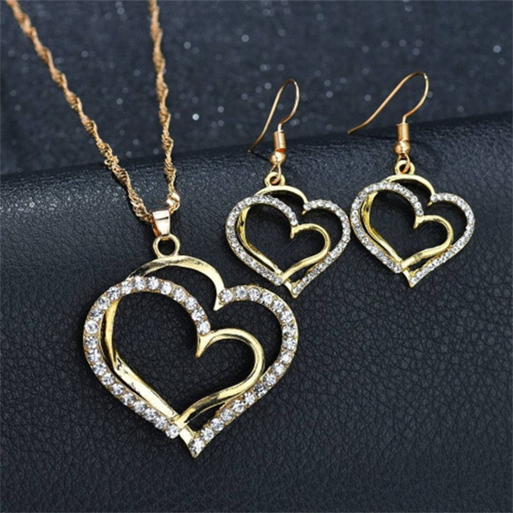 Exquisite Double Heart Necklace Earrings Bracelet Jewelry Set Charm Ladies Jewelry Fashion Bridal Accessory Set Romantic Gifts