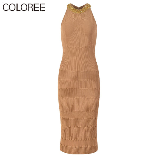 Sleeveless Halter Dresses Elegant Sequin Beaidng Knitted Sweater Dress