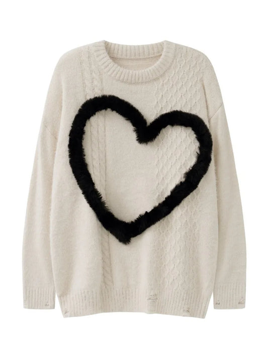 Heart Sweater Contrast Color O-neck Full Sleeve Loose Knitting