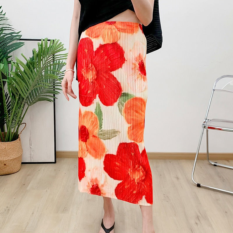 Red midi skirt pleated skirt for women, summer high waist retro printed bag hip skirt