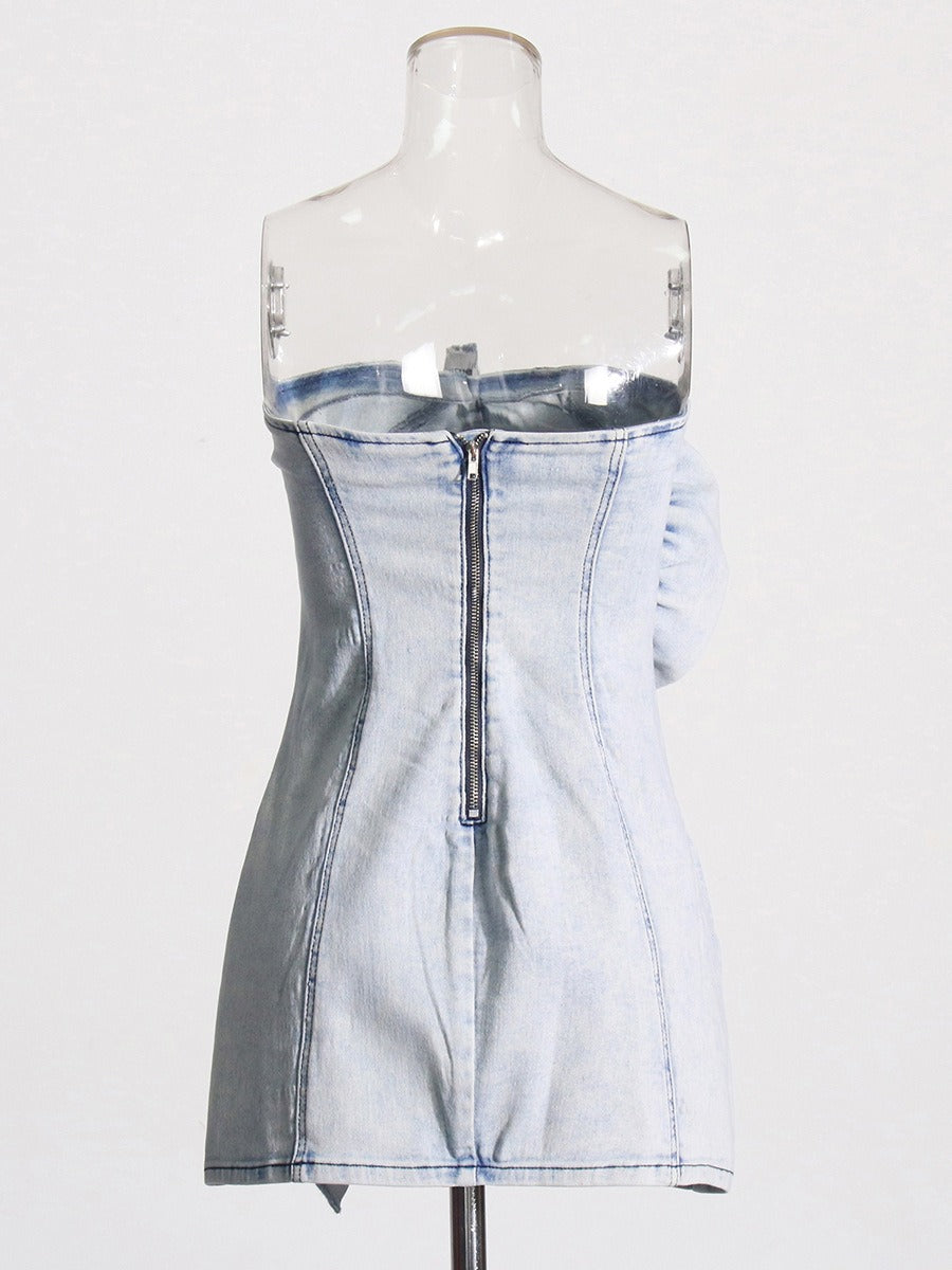 Folded and ruffled design with a strapless dress, new slim fit and slimming short denim skirt for women