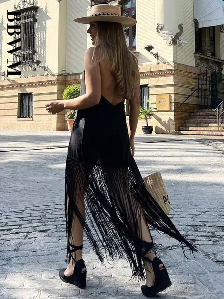 Tassels Halter Dress Women Black Vintage Backless Midi Dress Woman Sexy Off Shoulder Dresses 2023 Summer New Chic Female Dress