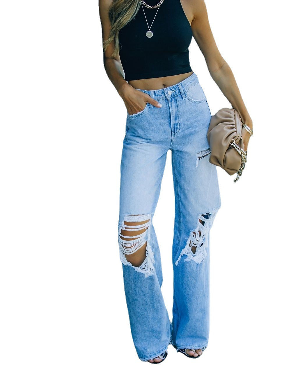 New Retro Hollow-out Flared Pants Loose Casual Ripped Wide Leg Pants Straight Leg Jeans Women's Street Pants