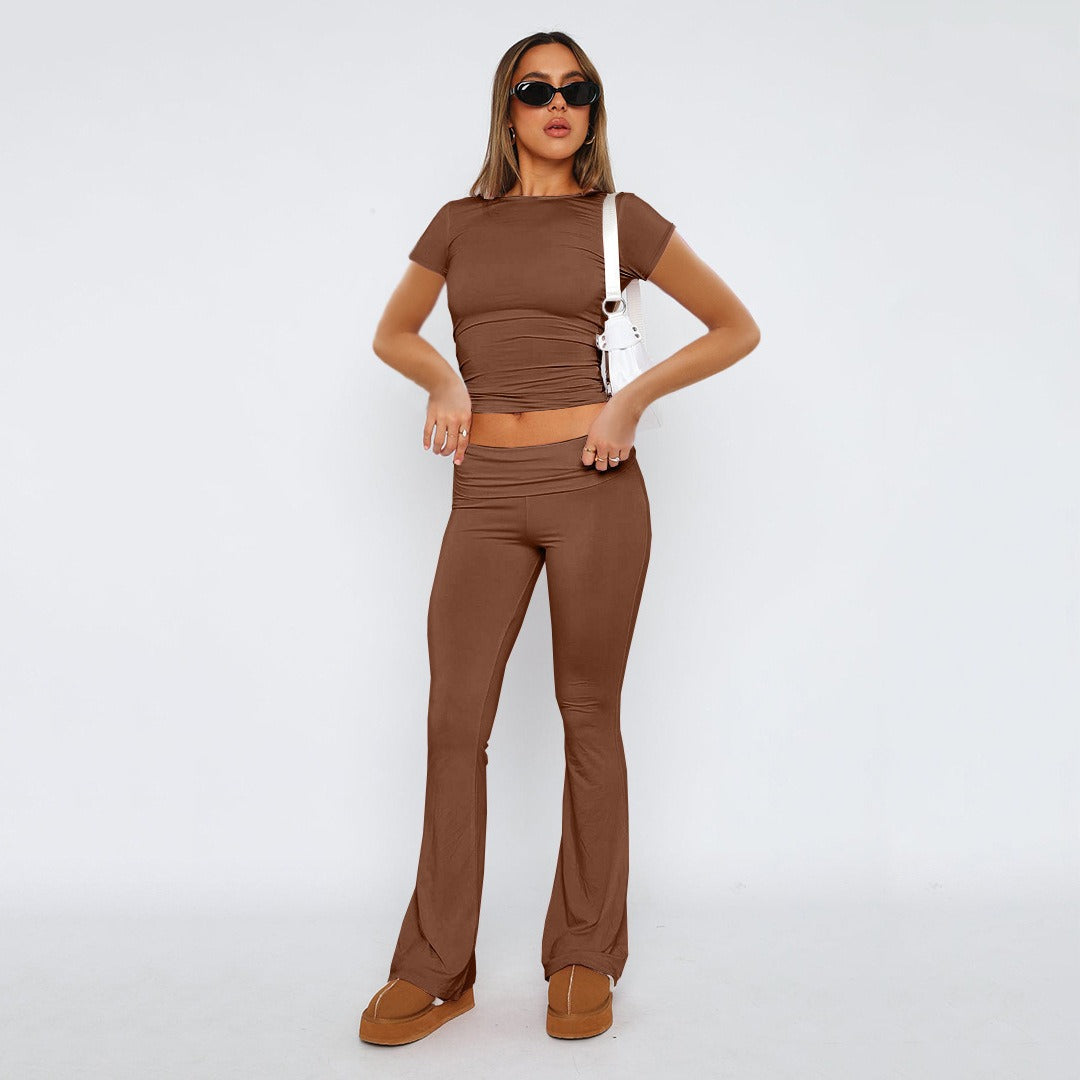 Solid Colour Comfortable  Low Waist Flare Pants with matching top