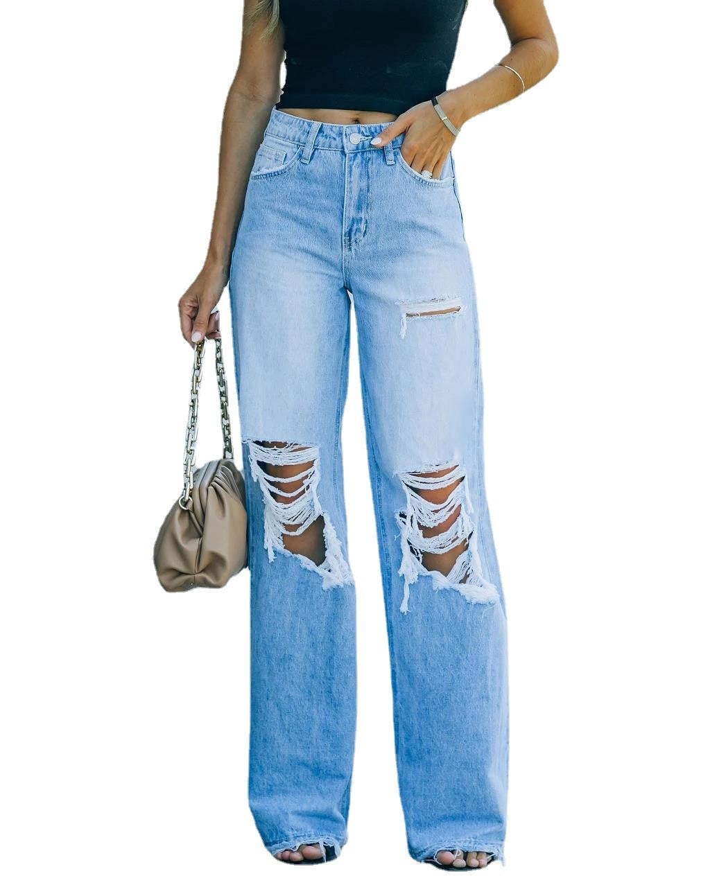 New Retro Hollow-out Flared Pants Loose Casual Ripped Wide Leg Pants Straight Leg Jeans Women's Street Pants