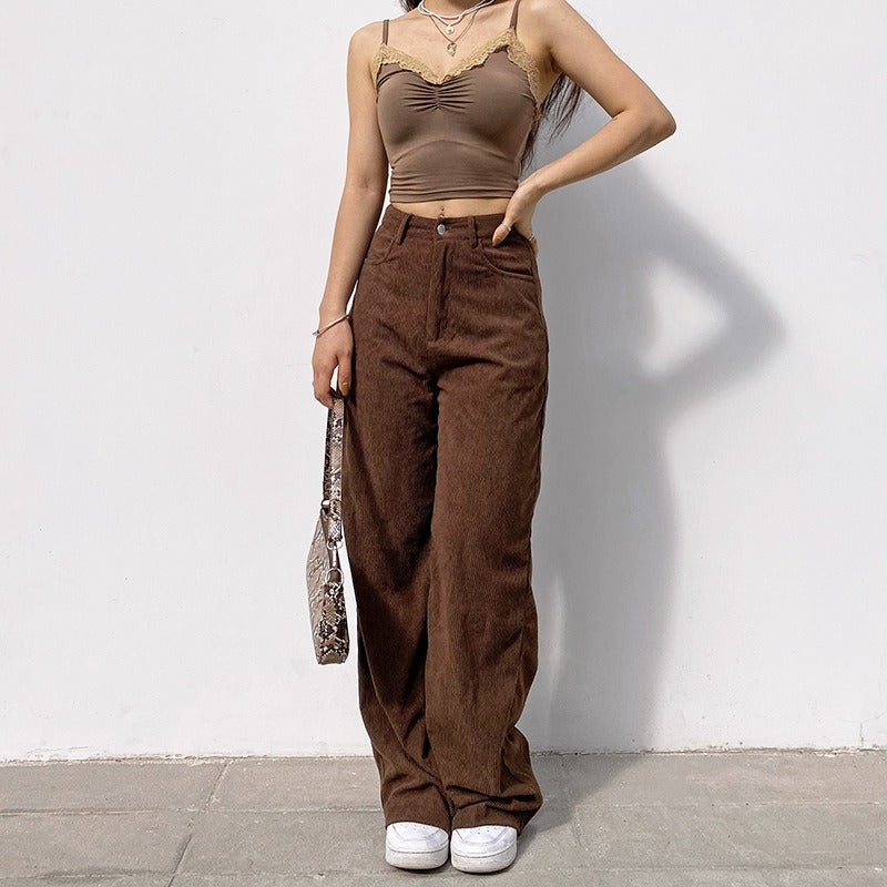 Retro Solid Corduroy High Waist Wide Leg Casual Pants Women's Basic Loose Pants