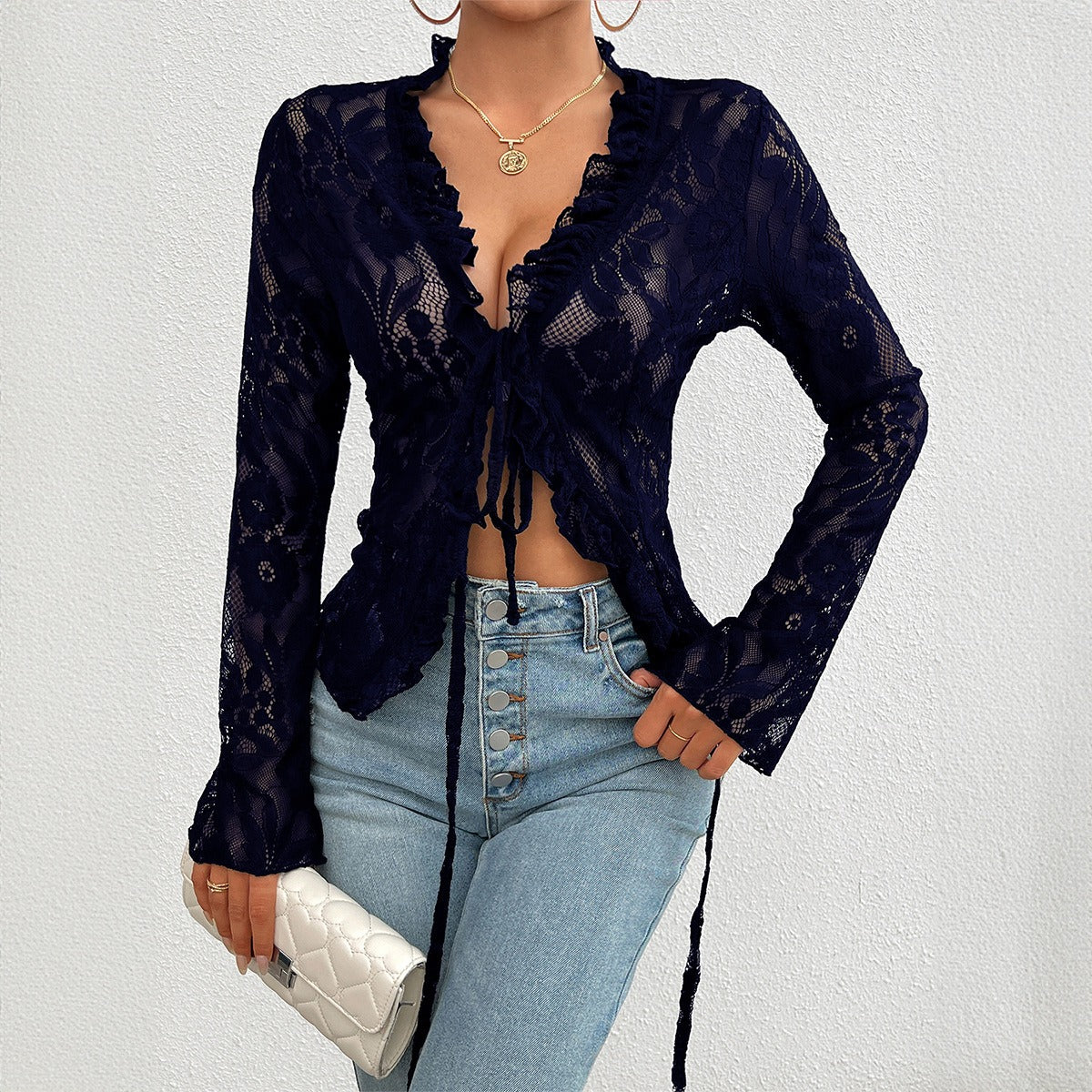 Women's top for spring and summer sexy slim fit long sleeved lace top