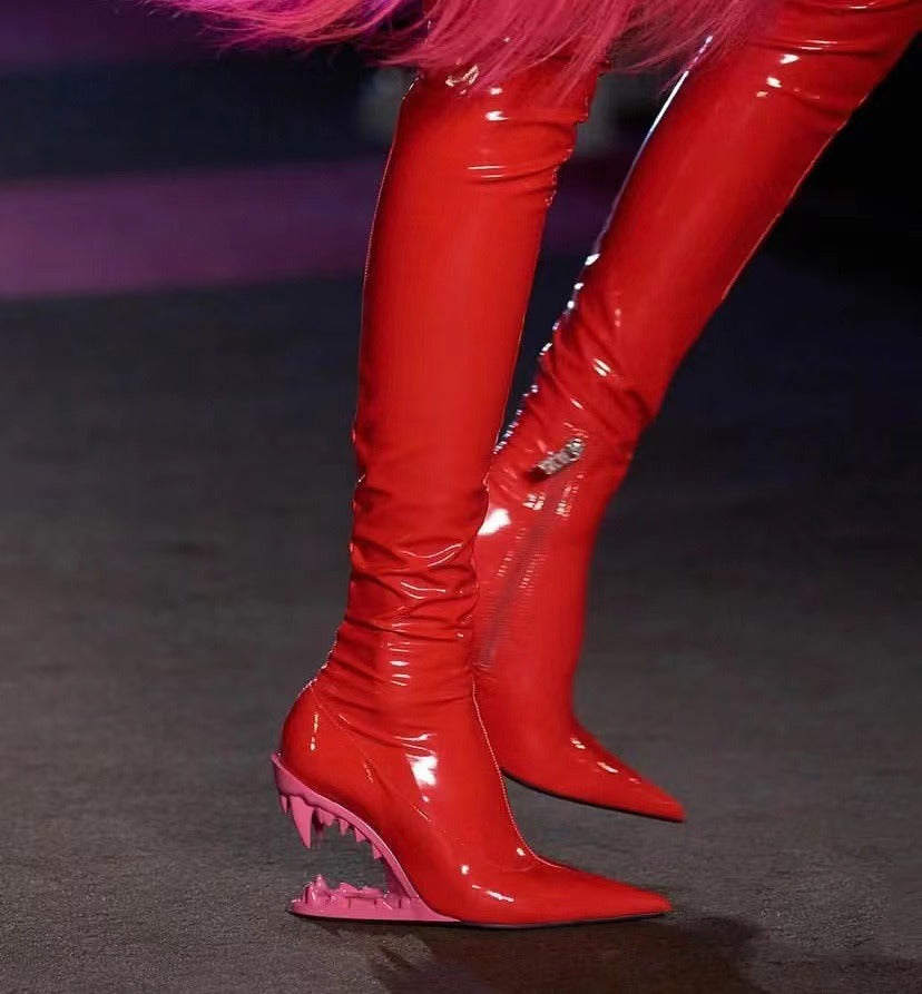 New European and American Runway with Teeth Shaped Heels, Womens High Heels, Runway Style, Knee Length Boots, Elastic Boots