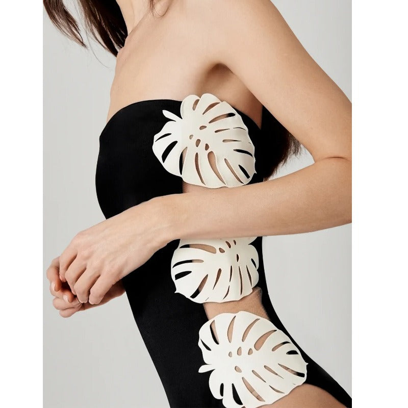 black and white strapless leaf patchwork hollow one-piece swimsuit set for women