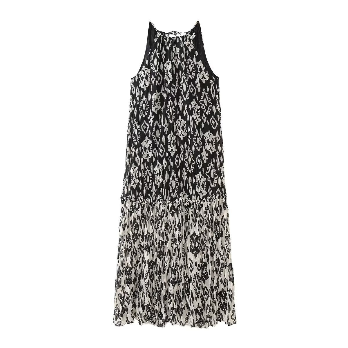 Vintage Slim Dresses Printed Hanging Neck Sleeveless Fashion Woman Elegant Midi Long Dress