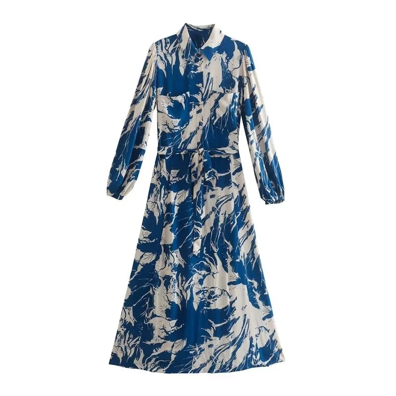 Fashion Woman Printed Shirt Dress Vintege Turn Down Collar Long Sleeve Dress With Belt Summer Causal Dresses