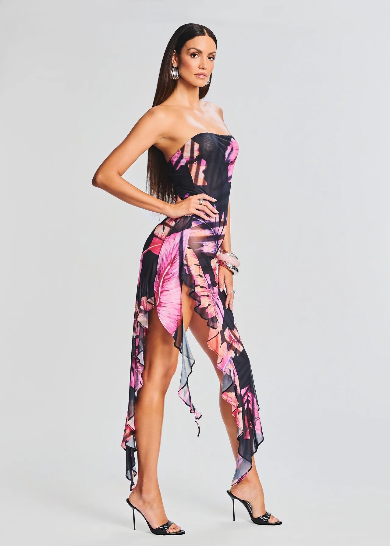 Slim dress printed flowers and palms patterns