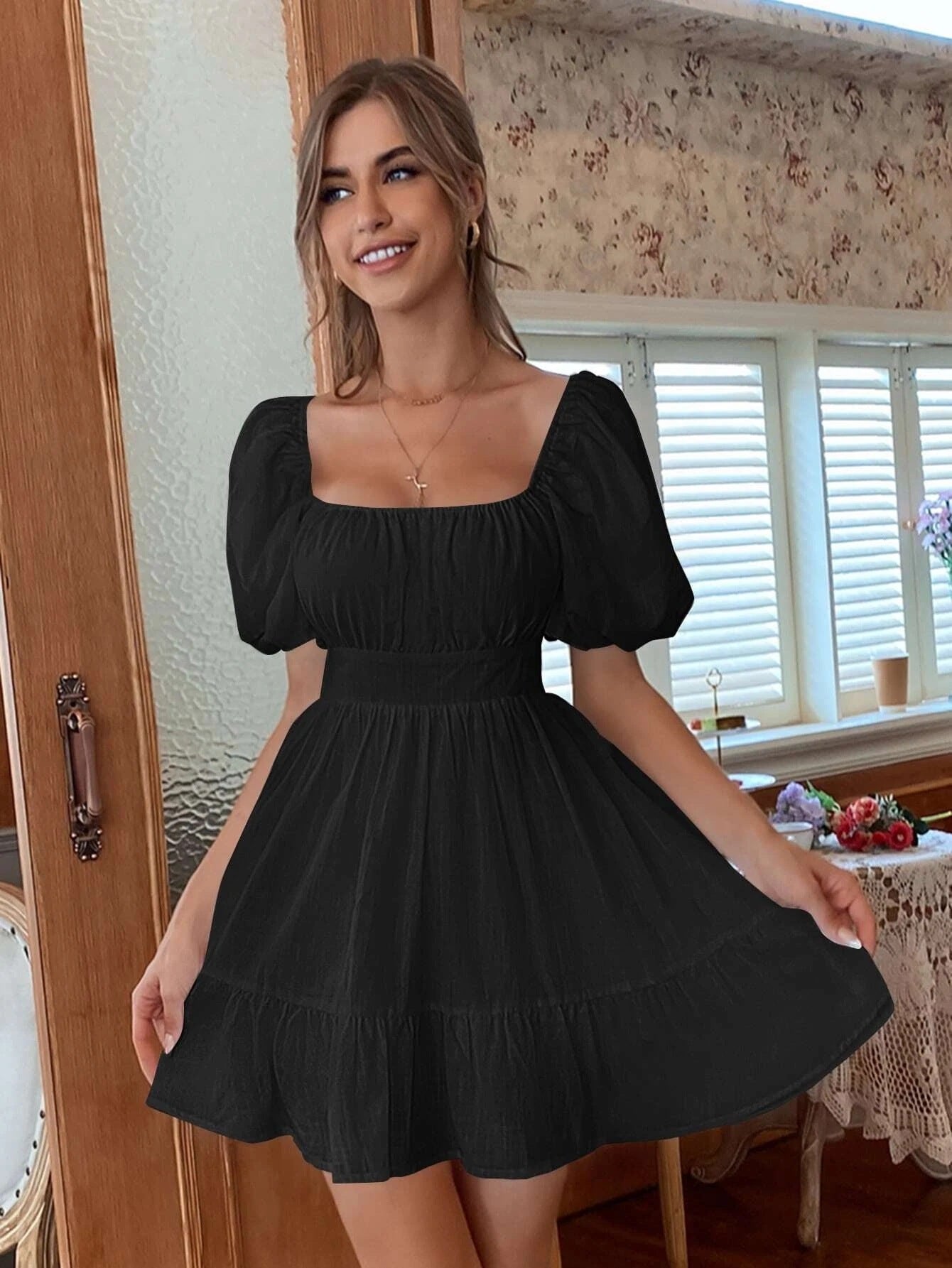 Summer New Style Puff Sleeve Bow Sweet Temperament Commuter Backless Dress