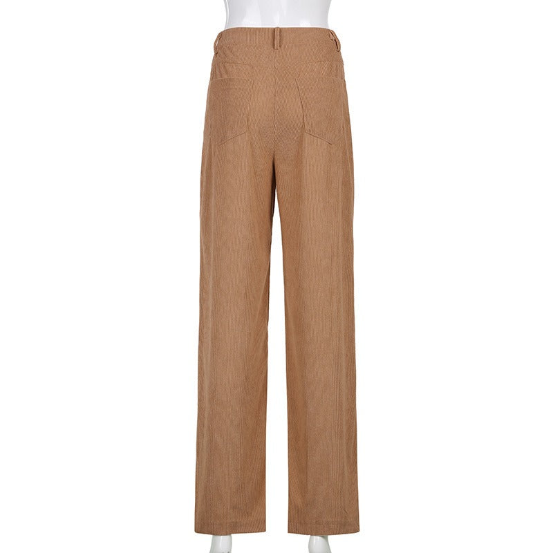 Retro Solid Corduroy High Waist Wide Leg Casual Pants Women's Basic Loose Pants