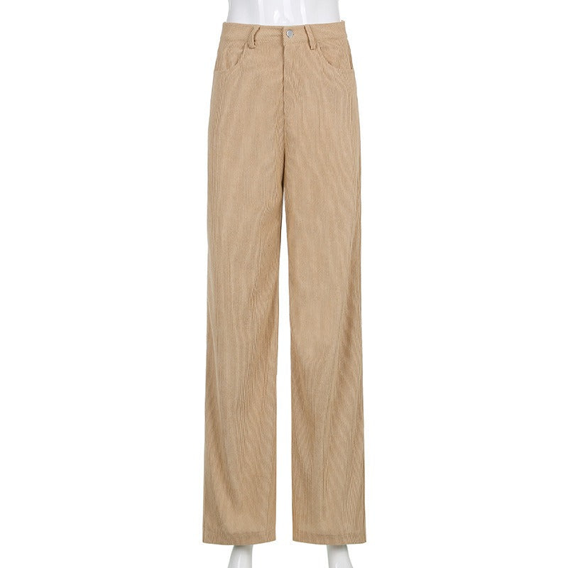 Retro Solid Corduroy High Waist Wide Leg Casual Pants Women's Basic Loose Pants