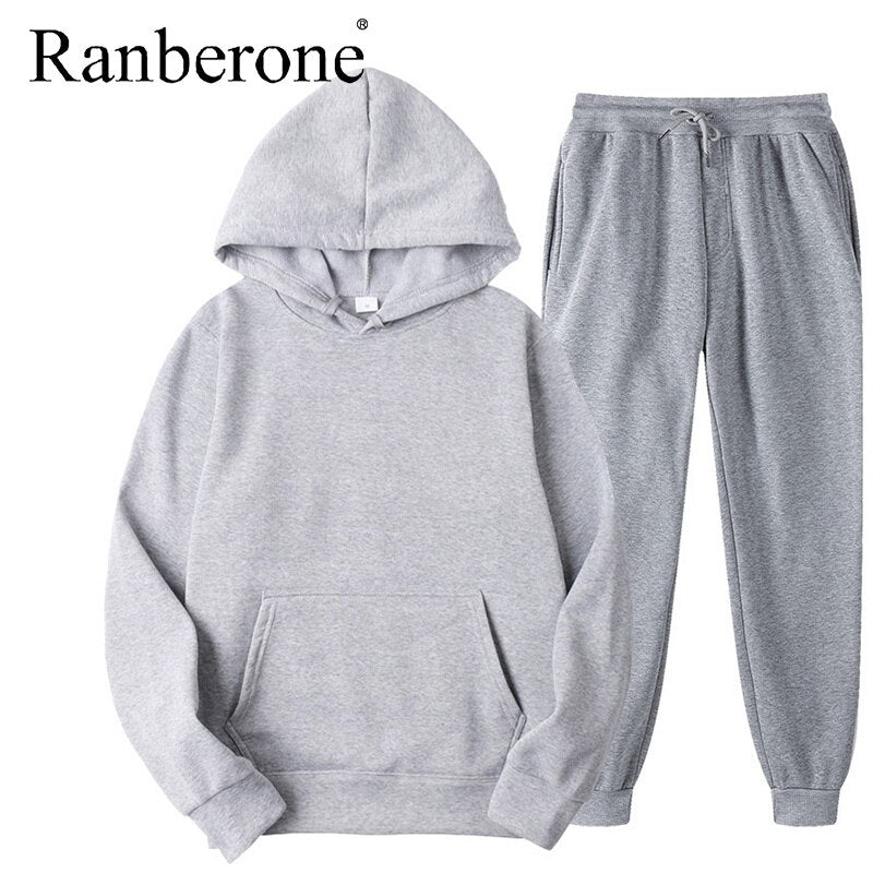 Ranberone 2Pcs Sport Suit Fitness Solid Color Women's Tracksuits Hooded Pullover Sweatshirt Casual Pants Sets Sportswear Male