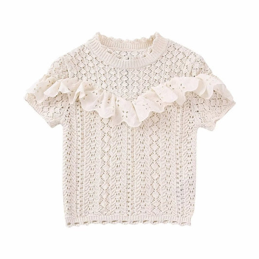 Small Fresh Round Neck Short Sleeve Lace Ruffle Knitted Top