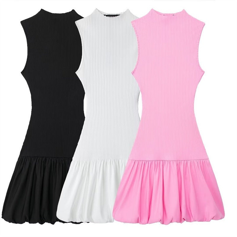 French new style hot girl slim backless dress ribbed balloon style short skirt