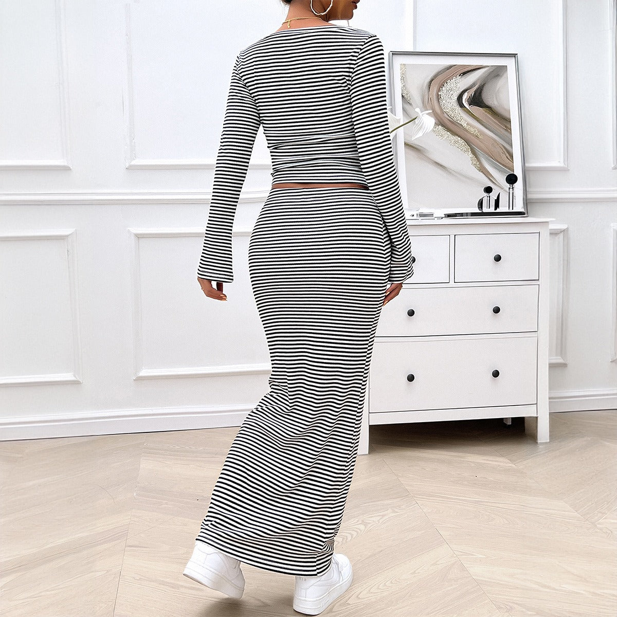 European and American autumn and winter women's clothing temperament casual striped knitted long sleeved set