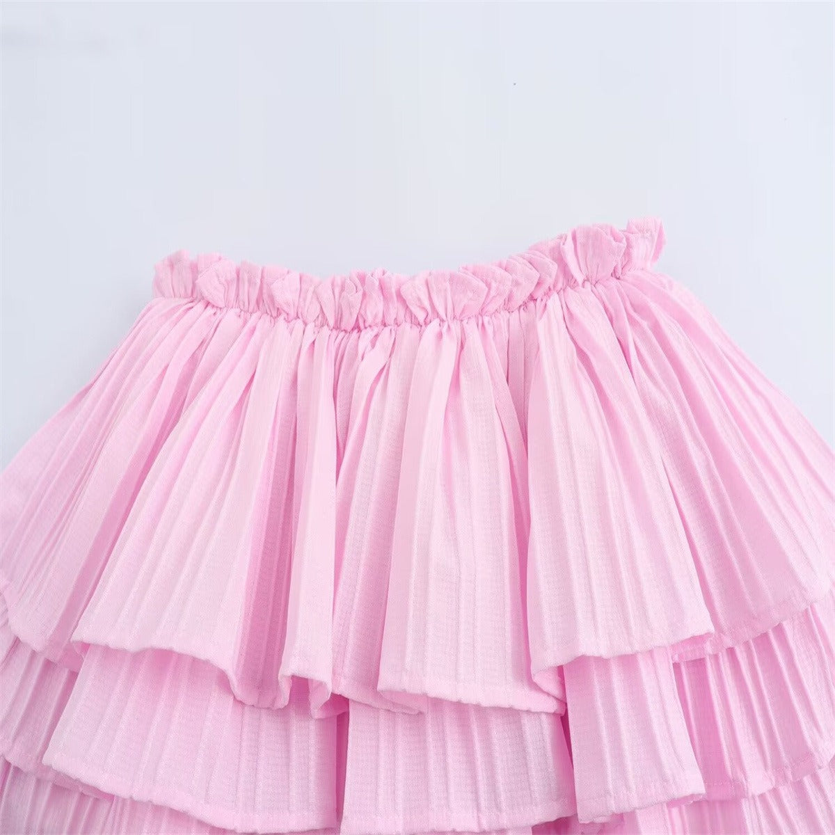 Sweet and fresh elastic waist layered decoration pink half skirt for women