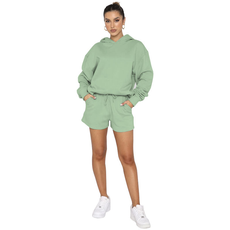 Solid Color Pullover Hooded Long Sleeves Sweater with matching shorts