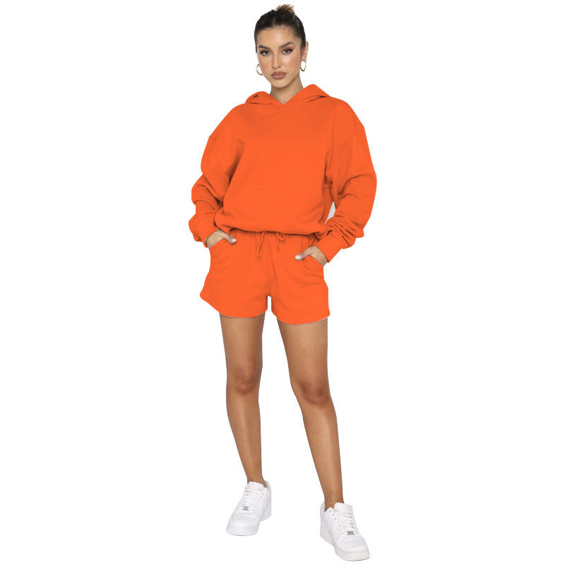 Solid Color Pullover Hooded Long Sleeves Sweater with matching shorts