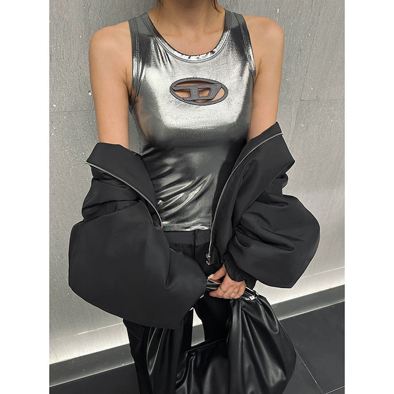 Metal Silver Futuristic Slim-fit Hollow-out Letter Vest