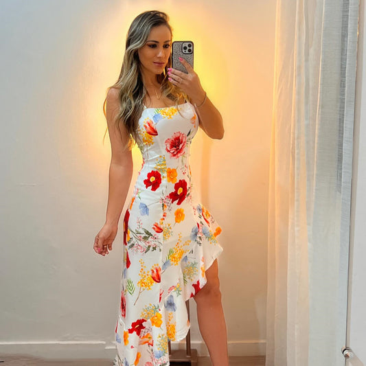 European And American-style Floral-decorated Asymmetric Ruffled Hem Sling Midi Dress