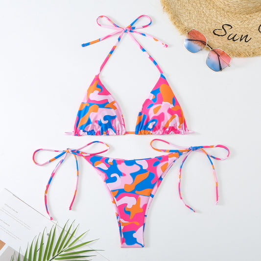 Split Contrast Color Sexy Lacing Triangle Bikini