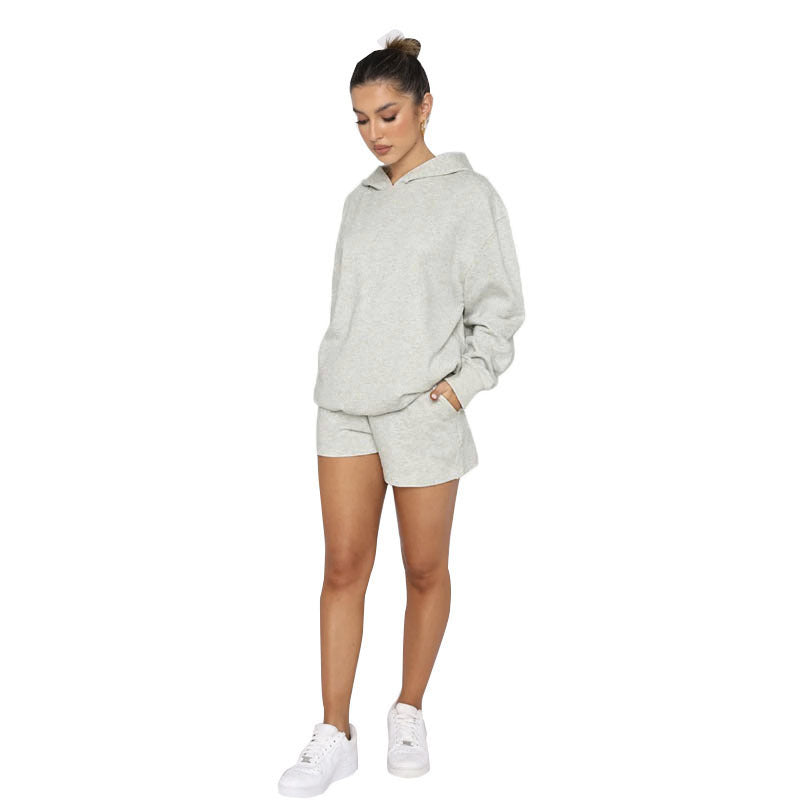 Solid Color Pullover Hooded Long Sleeves Sweater with matching shorts