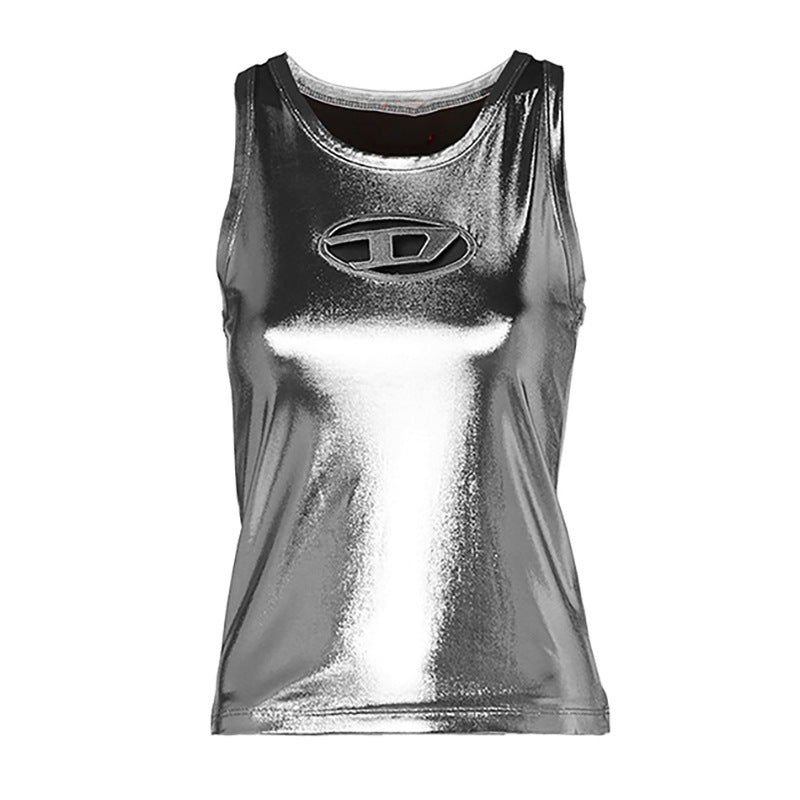 Metal Silver Futuristic Slim-fit Hollow-out Letter Vest