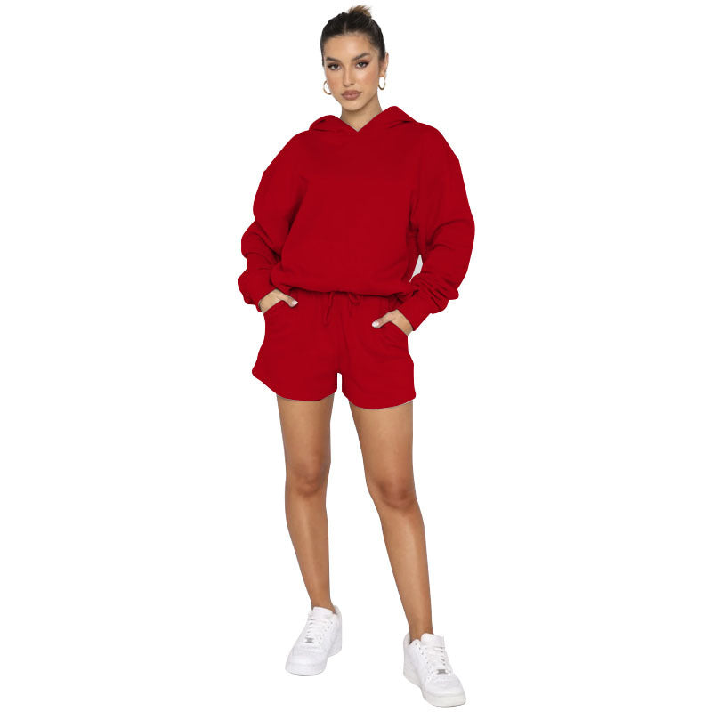 Solid Color Pullover Hooded Long Sleeves Sweater with matching shorts