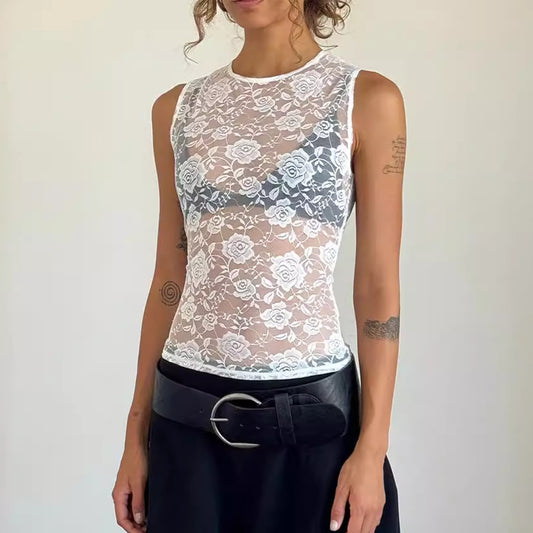 Slim Fit Vest Fashion Sexy Hollow Out Lace Tight T-shirt